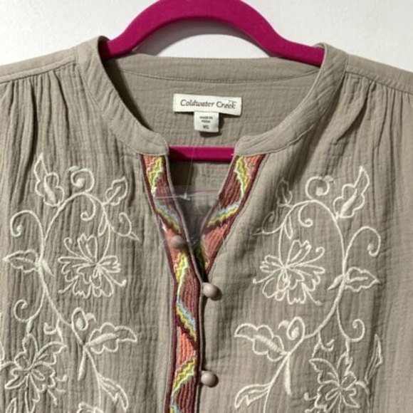 Coldwater Creek Shirt Button Front Size XS Embroidered Cotton Gauze Top - Picture 7 of 12